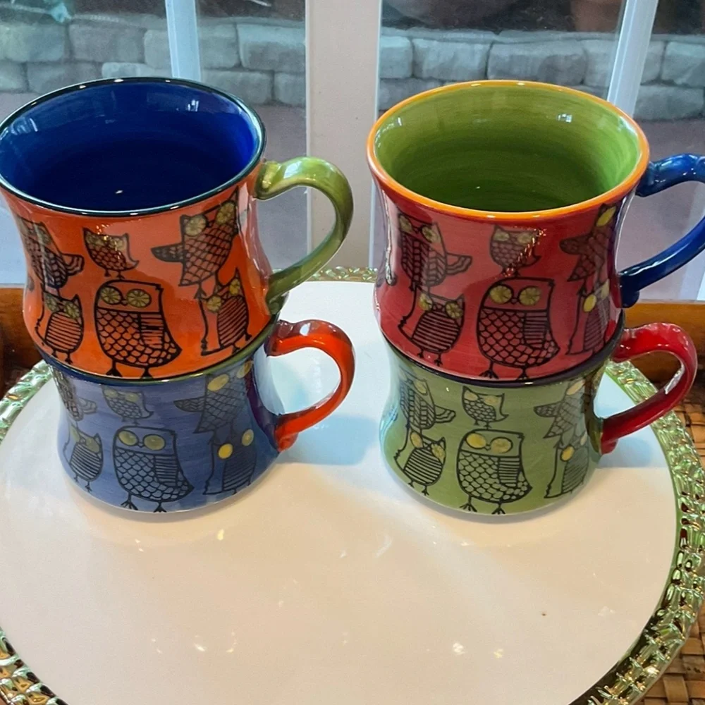 Pier 1 Stackable Colorful Owl Coffee Mugs 4 Total